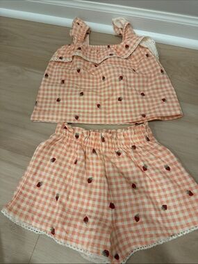 Modern Moments Girls Peach Gingham Two-Piece Set with Strawberry Embroidery